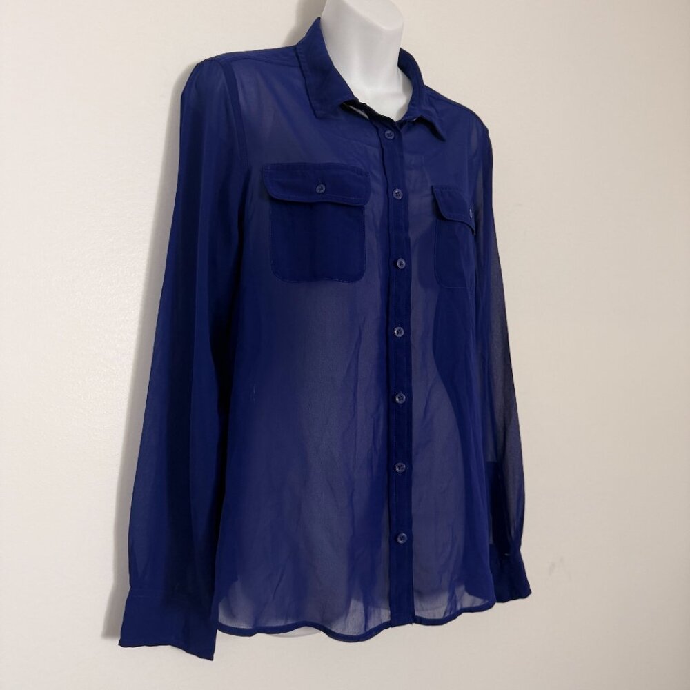 American Eagle Outfitters Sheer Cobalt Blouse | Button Front | Size M - Picture 3 of 10